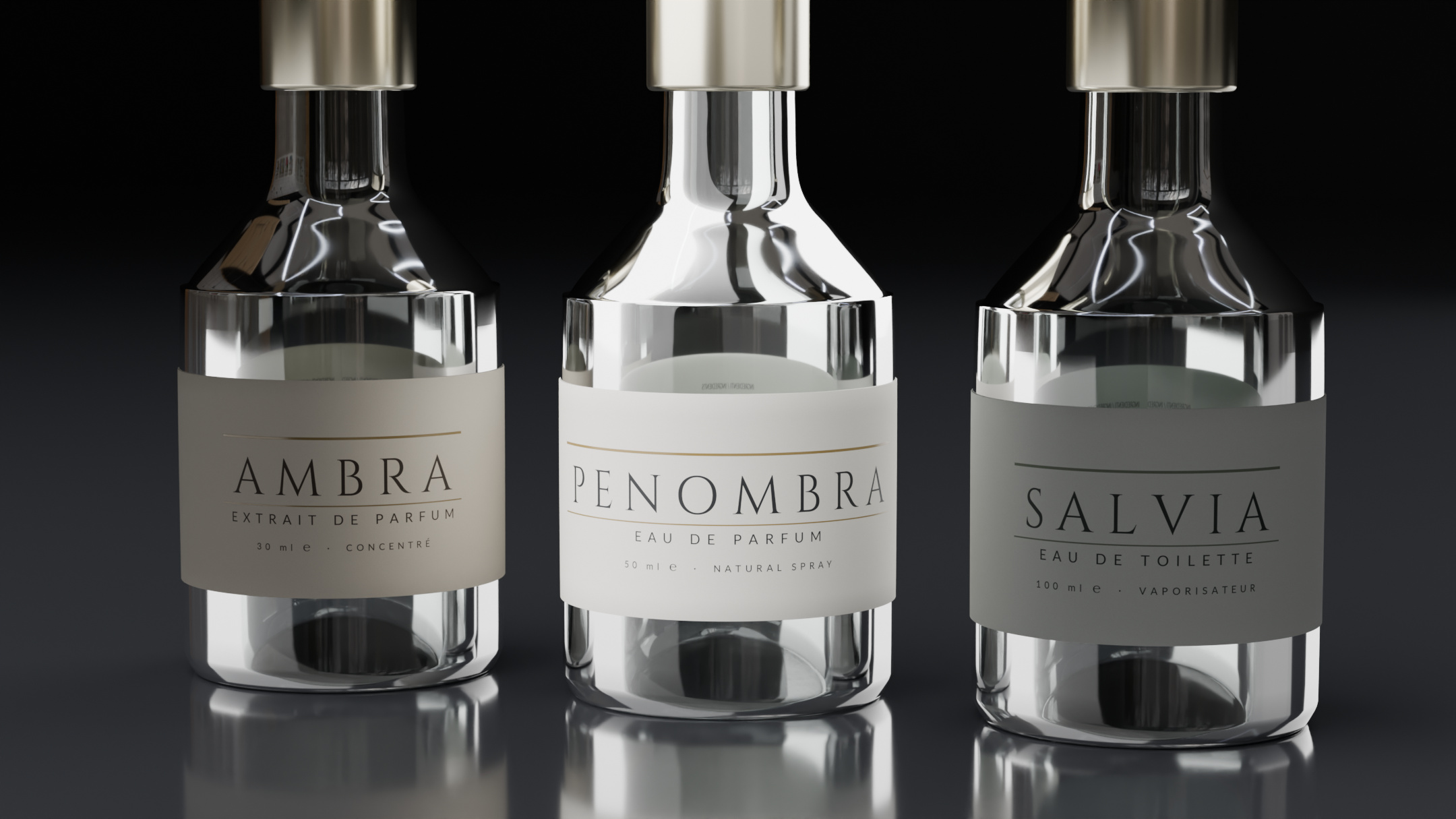 Three colour variants of the same bottle in one frame